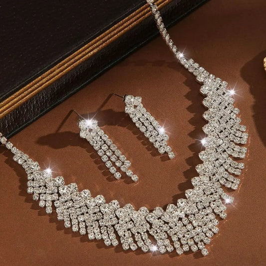 Wedding Party Crystal Rhinestone Jewelry Set Shining Diamond Earrings Tassels Exquisite Necklace Women
