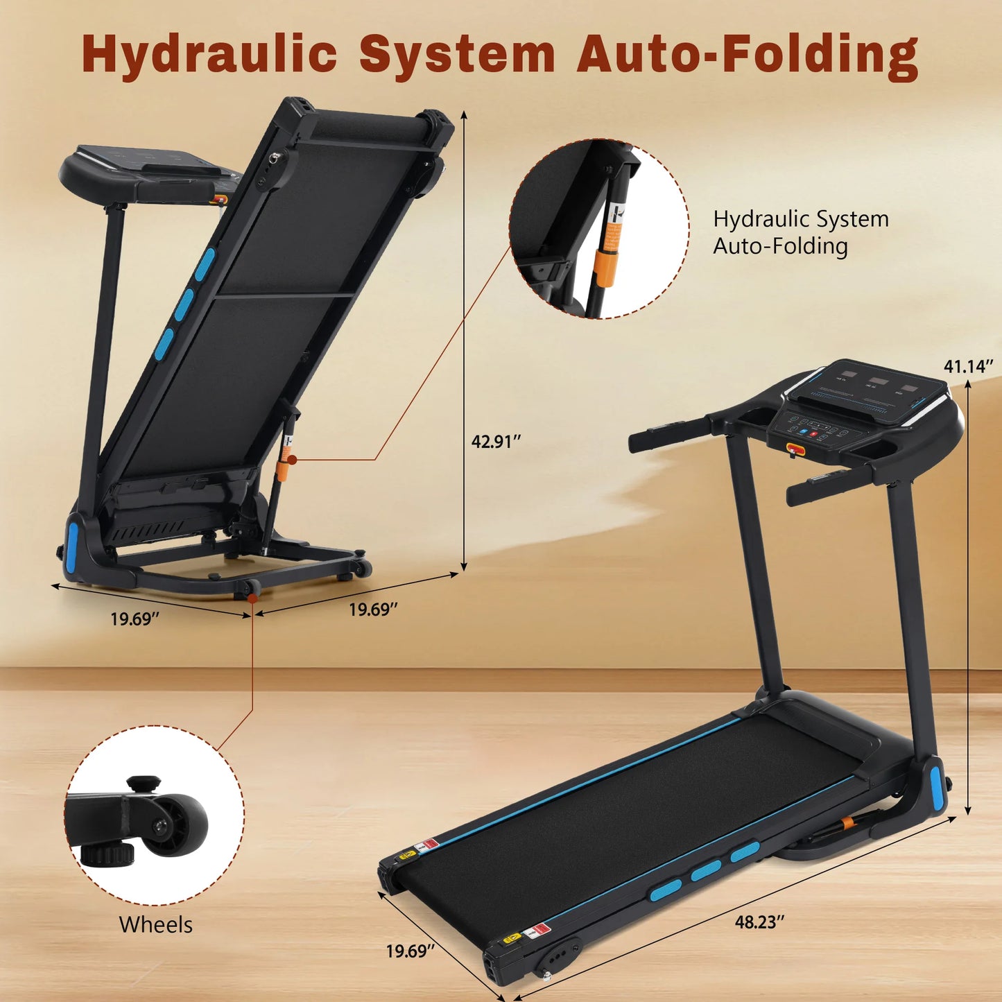 Auto Foldable Treadmills for Home 3.5HP Hydraulic System with Incline 10MPH Max 350Lbs Heart Rate Sensors USB Charge Bluetooth