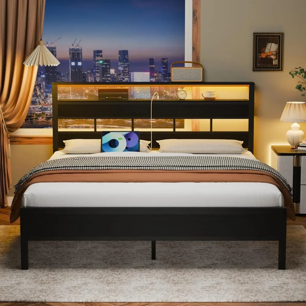 Queen Size Bed Frame with Storage Headboard and LED Lights Metal Bedframe with Charging Station Platform Bed