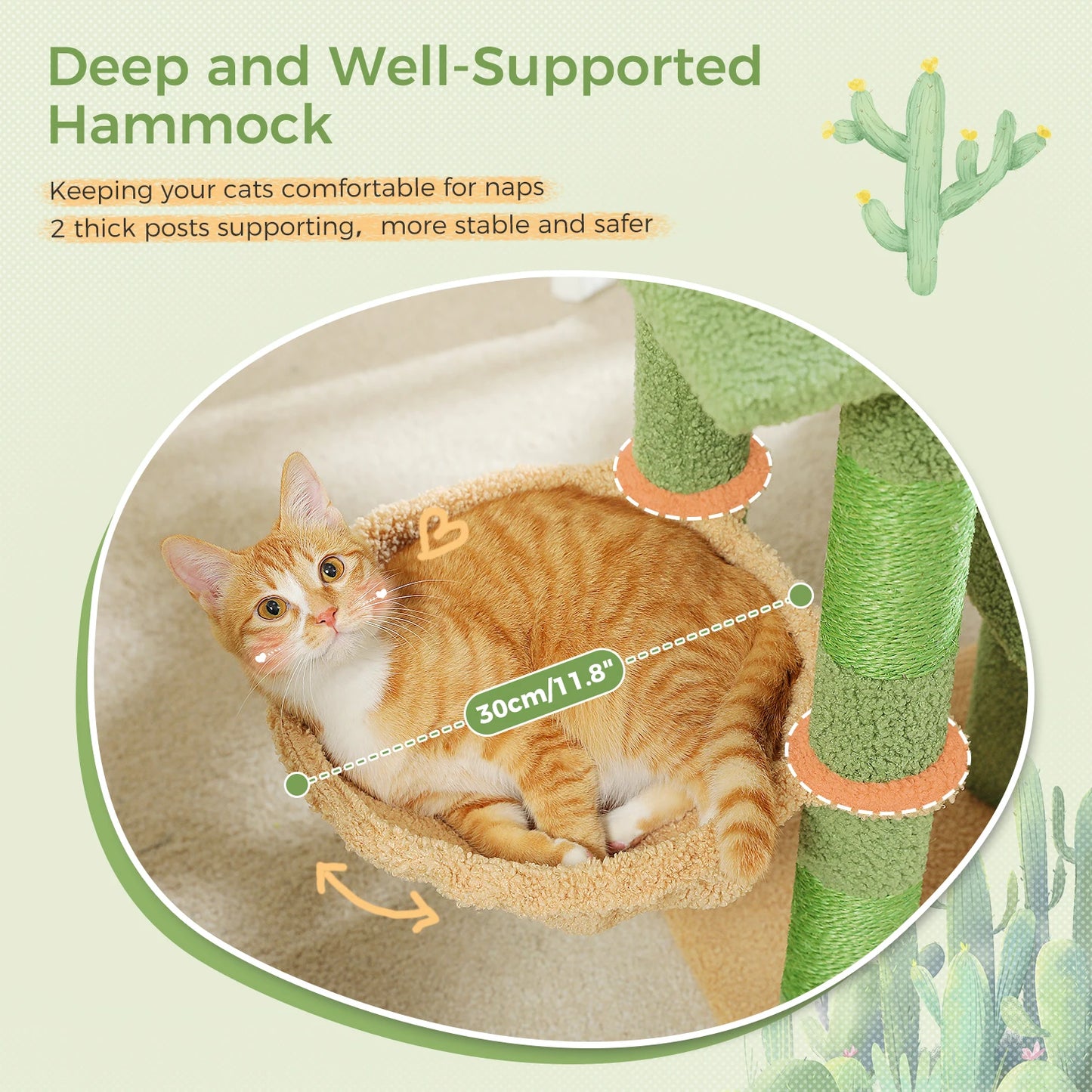 Cactus Cat Tree with Sisal Covered Scratching Post, Cozy Condo, Hammock, Multi-Level Cat Tower for Indoor Cats, Cat House Toys