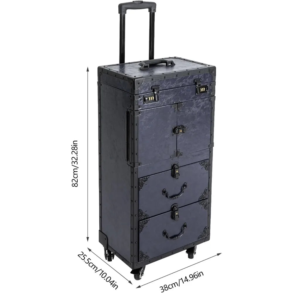 Rolling Lockable Makeup Train Case Stylist Beauty Hair Salon Trolley Suitcase Travel Organizer Tool Box with Hair Dryer Holder