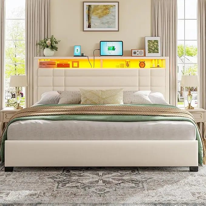King Size Bed Frame with Charging Station and LED Lights, King Bed Frame with 2-Tier Storage Headboard, Metal Slats