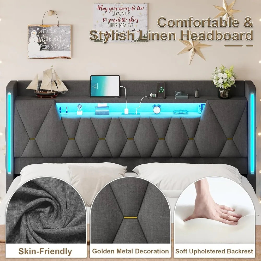 Floating Bed Frame King Size with Hidden Storage Space and Headboard, LED Lights & Charging Station, Platform Floating King Bed