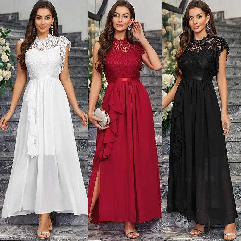 Women Evening Dresses 2024 Elegant Long Maxi Dress High Waist Round Neck Party Wedding Fashion Dress Spliced Lace Chiffon Dress