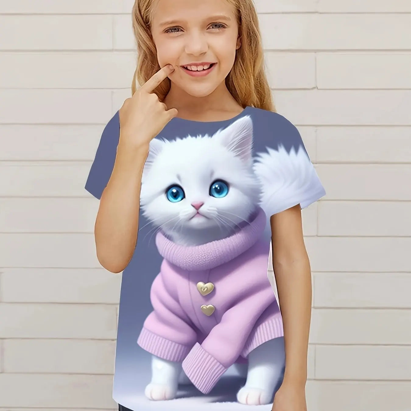 T-Shirt for Girls Cute Kitten Girls Clothes Kids T-Shirt Summer Short Sleeve Children Outdoor Sports Tops T-Shirt for Girls