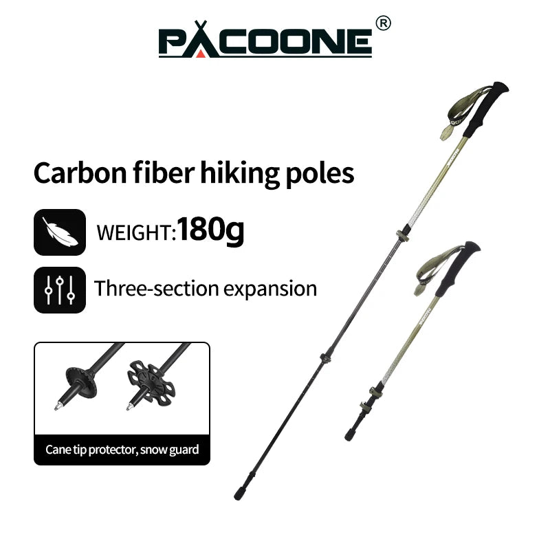 PACOONE Trekking Poles 1pc Carbon Fiber Collapsible Telescopic Sticks Lightweight Walking Hiking Stick Climbing Stick