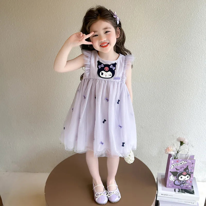 Sanrio Kuromi Girls Fashion Short Sleeve Dresses Summer Cute Cinnamoroll Melody Print Princess Dress Kids Birthday Clothes