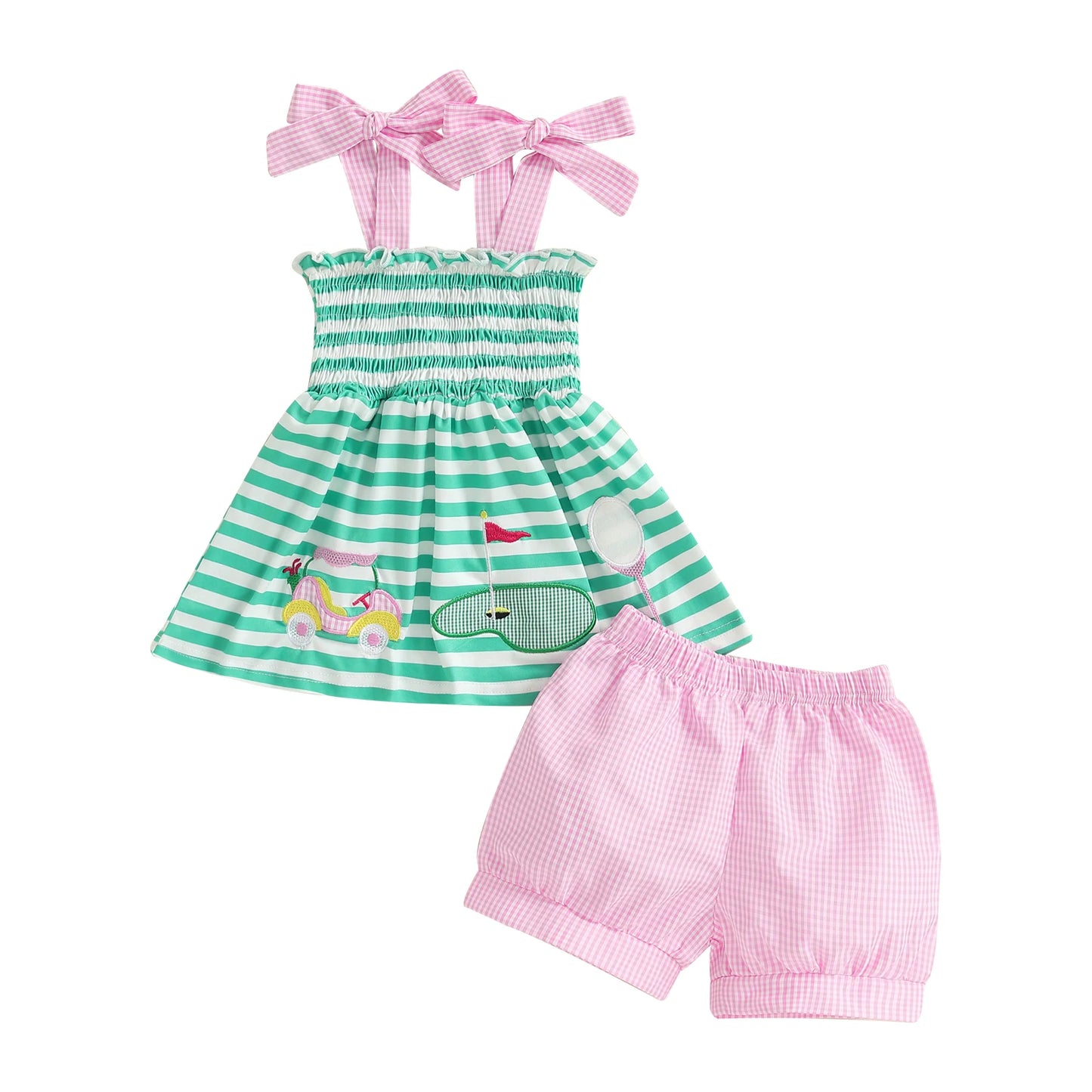 Baby Girls Summer Outfits Golf Embroidery Striped Camisole and Elastic Plaid Shorts Set Fashion Cute Clothes
