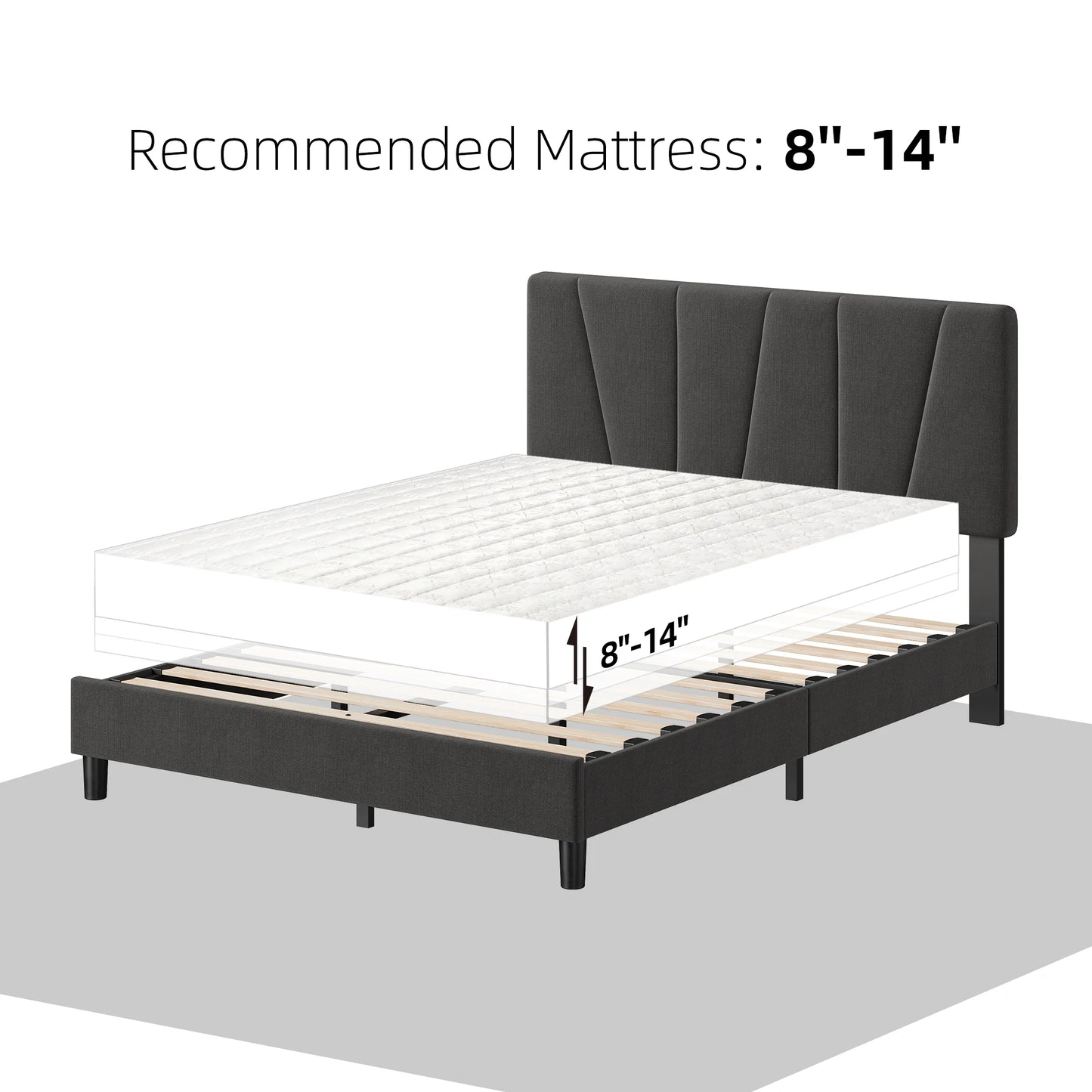 Bed Frame With Headboard, Linen Upholstered Platform Bed With Adjustable Diagonal Channel Tufted Headboard