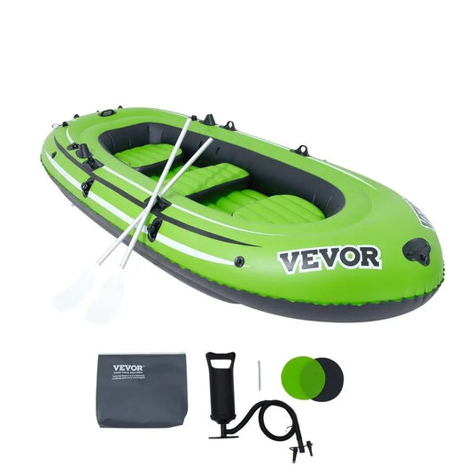 Inflatable Fishing Boat 3 Person Strong PVC Portable Raft Kayak Aluminum Oars Fishing Rod Holders 2 Seats 1100 LB Capacity