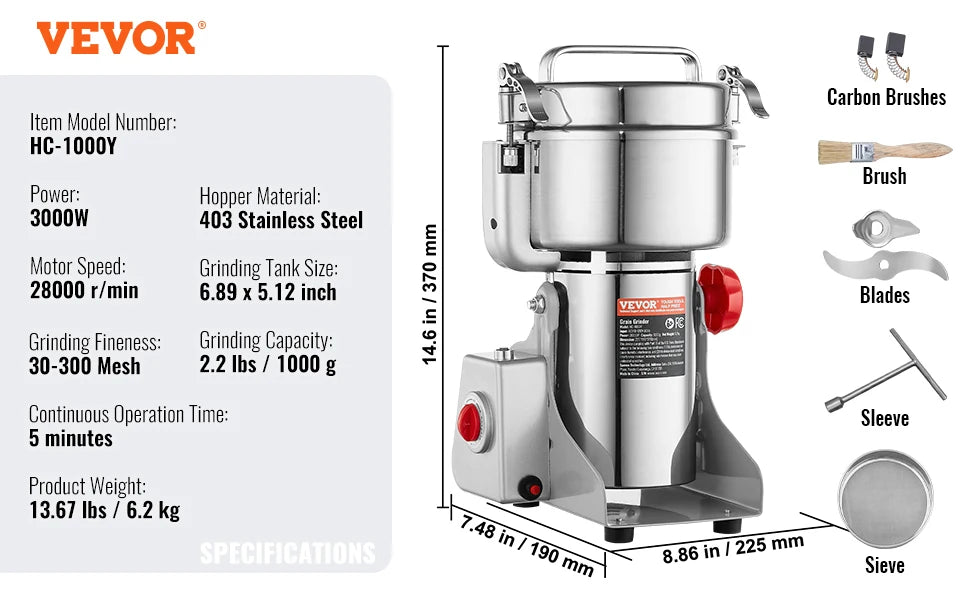 VEVOR 150-2500g Electric Grain Mill Grinder Commercial Swing Spice Grinders for Dry Herbs Grains Spices Cereals Coffee Corn