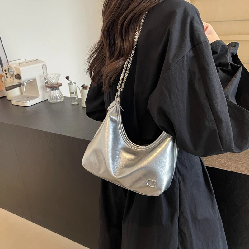 Women PU Casual Tote Handbag Large Capacity Chain Sling Bag Zipper Closure Elegant Underarm Bag Multi-pockets Simple Satchel Bag