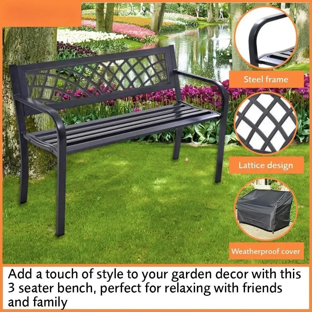 3-Seater Metal Garden Bench with Comfortable PVC Lattice Seat Back,  Garden Furniture with Solid Steel Frame