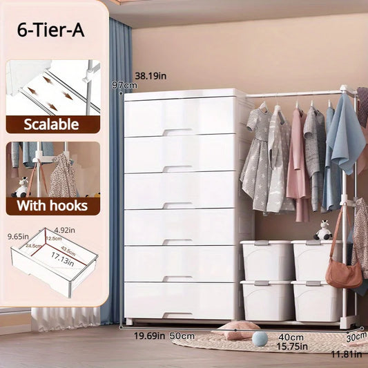 5/6-Tier White Wardrobe with Extendable Hanger - Large Space & Partitioned Storage Wardrobe for Bedroom, Dormitorie