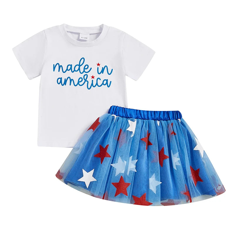Independence Day Toddler Girl Outfits American Flag Print Round Neck Short Sleeve Tops Star Print Skirts 2Pcs Clothes Set