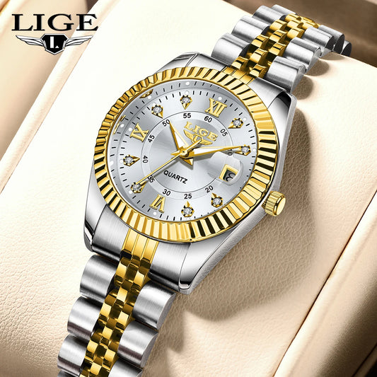 LIGE Fashion Woman Watch Stainless Steel Waterproof Auto Date Elegant Ladies Wristwatch Luxury Original Quartz Watch for Women