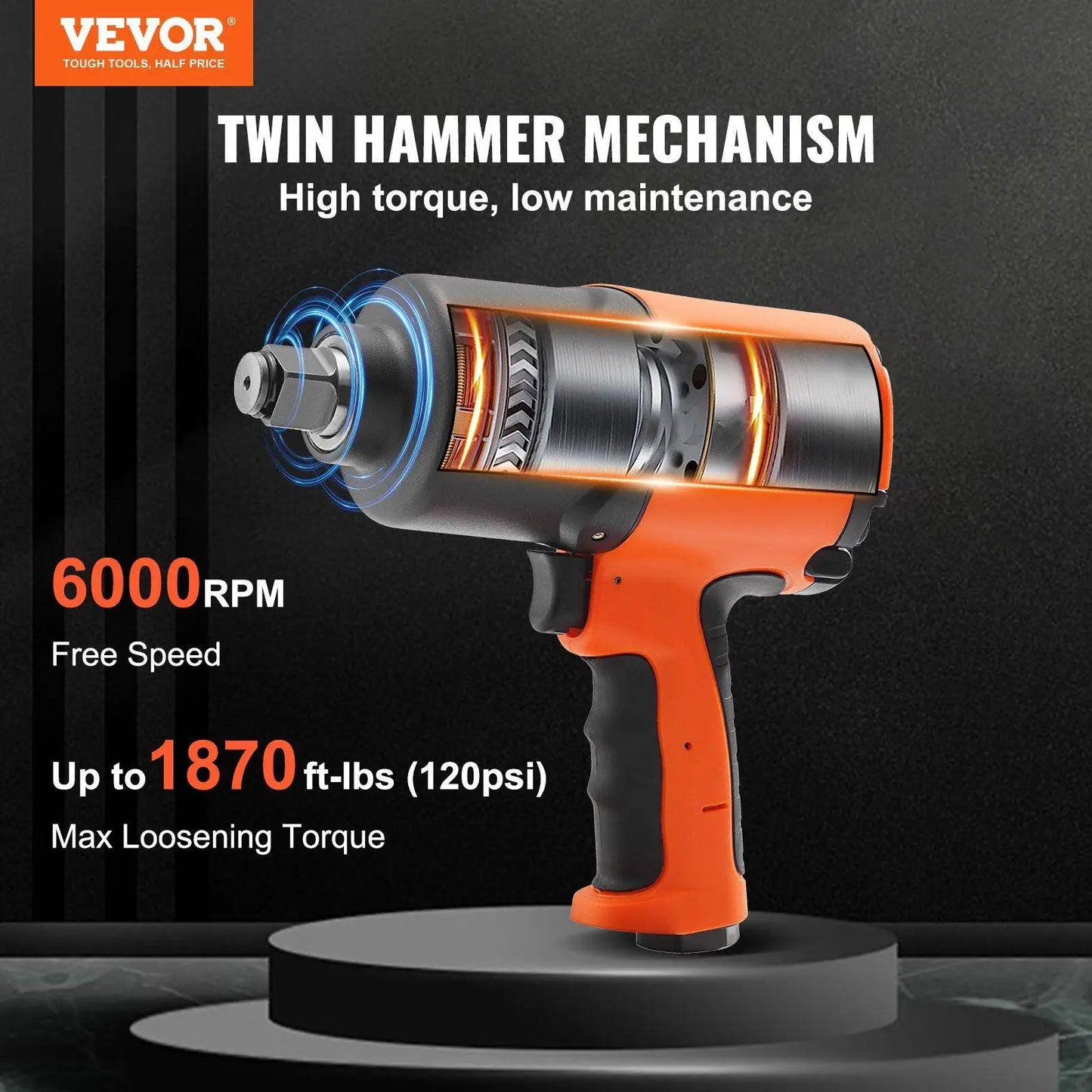 Heavy Duty 3/4in Air Impact Wrench 1870ft-lb Output 6.7lb Light 90-120PSI 3-Position Control Twin Hammer Alloy Steel