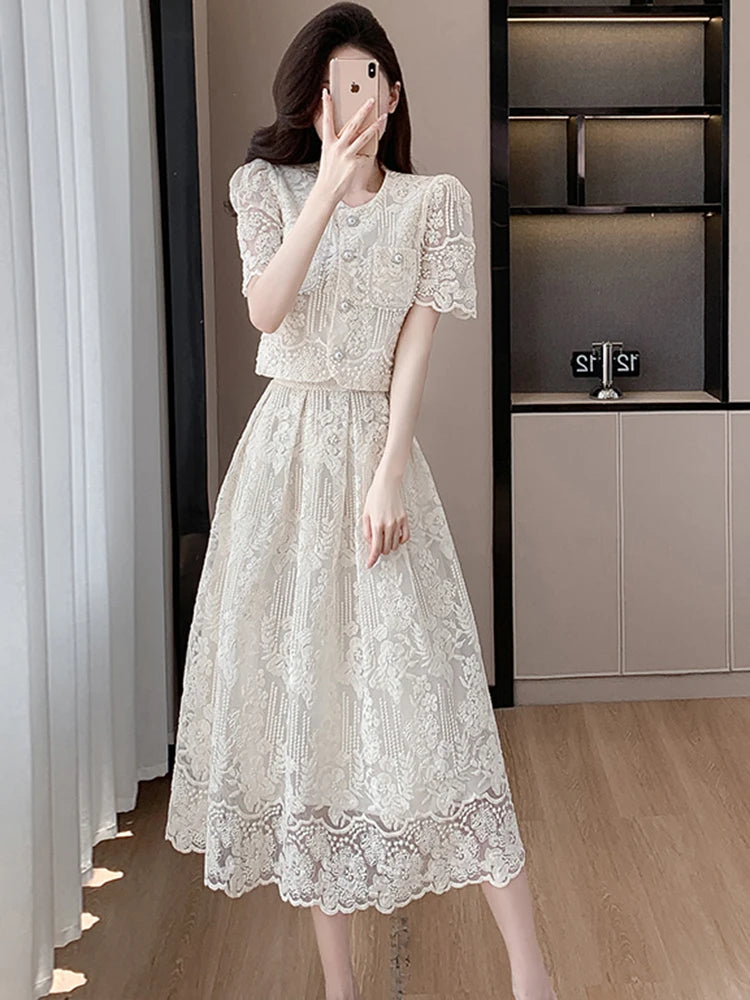 2024 Summer New Embroidery Lace 2 Piece Set Chic Women Beaded Flower Single Breasted Short Top + A Line Midi Skirt Suits High Qu
