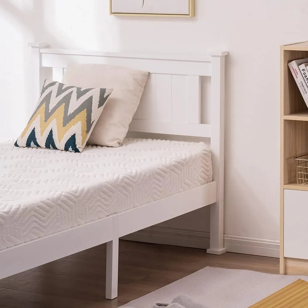 Twin Size Solid Wood Platform Bed Frame, Single Bed with Headboard,  Wood Slat Support Mattress Foundation, White
