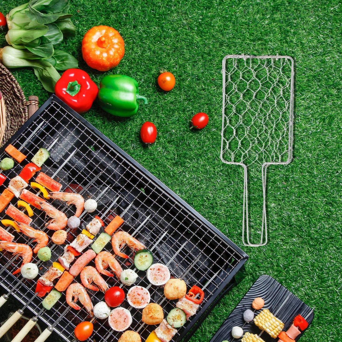 Iron Barbecue Rack BBQ Tongs Grill Basket Household Grilled Wrought Kitchen Net Heat Resistant Outdoor Camping Picnic Steak Fish