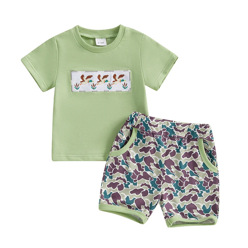 Toddler Boys Casual Outfits Cute Animal Print Short Sleeve T-Shirt and Elastic Waist Camo Shorts Set for Summer 2 Piece