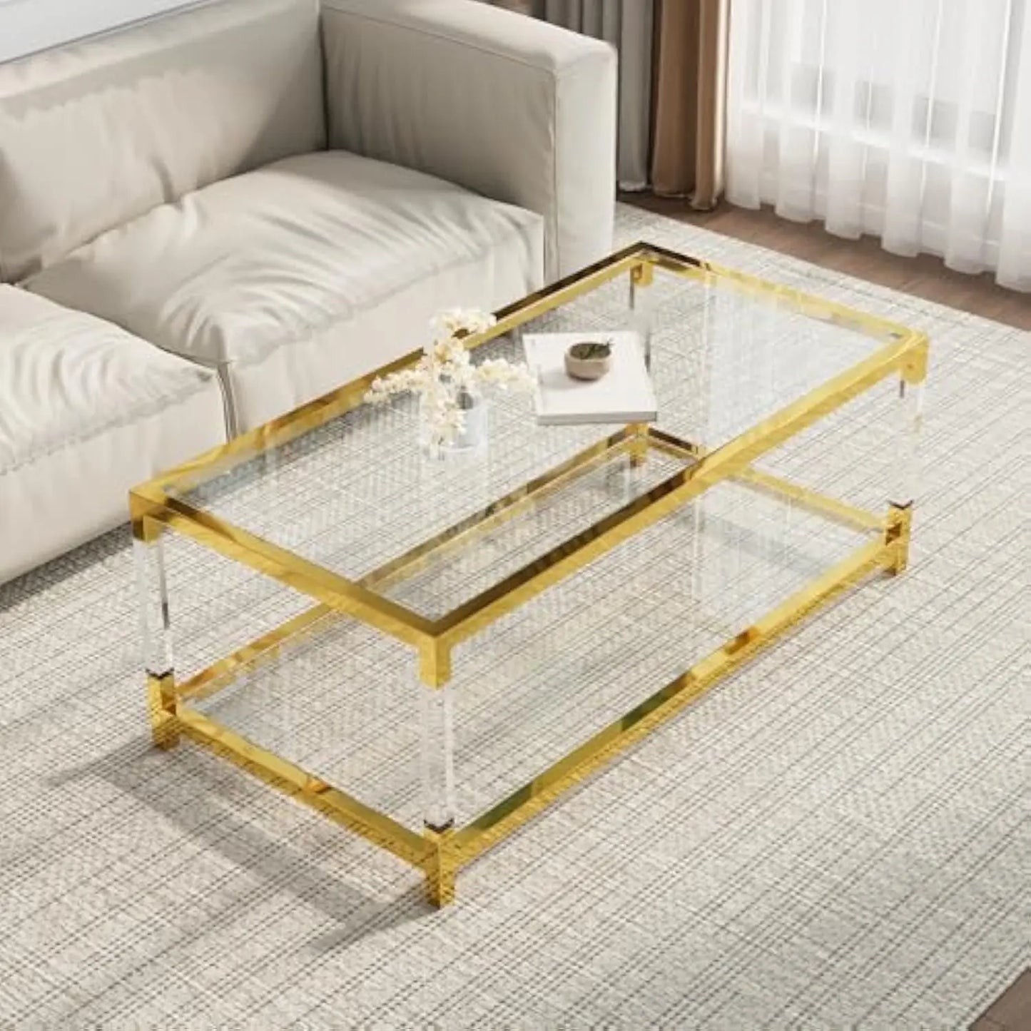 Glass Coffee Table, 47.2'' Modern Glass Table, Gold Stainless Steel & Acrylic Legs, Rectangular Center Table,Glass Top & 2-Tier