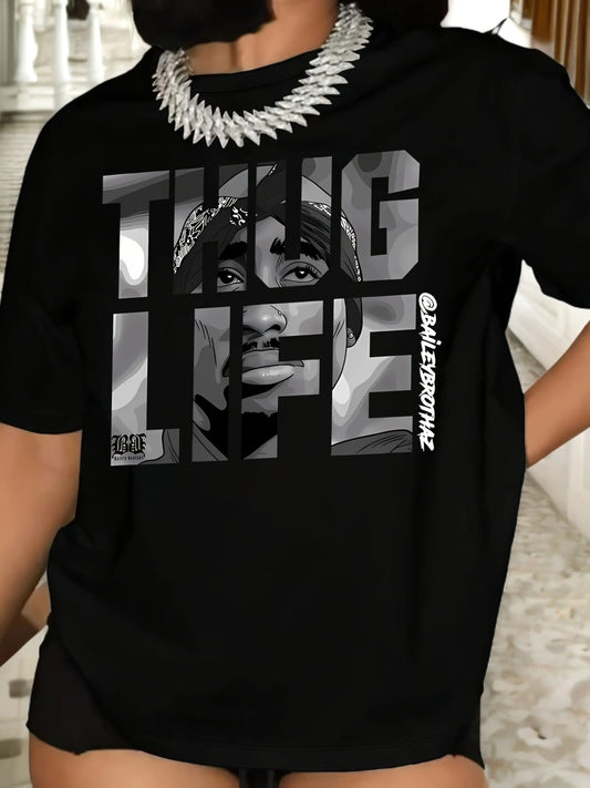 Womens THUG LIFE Tupac Shakur Graphic Crew Neck TShirt Black Casual Short Sleeve Tee with Portrait Print
