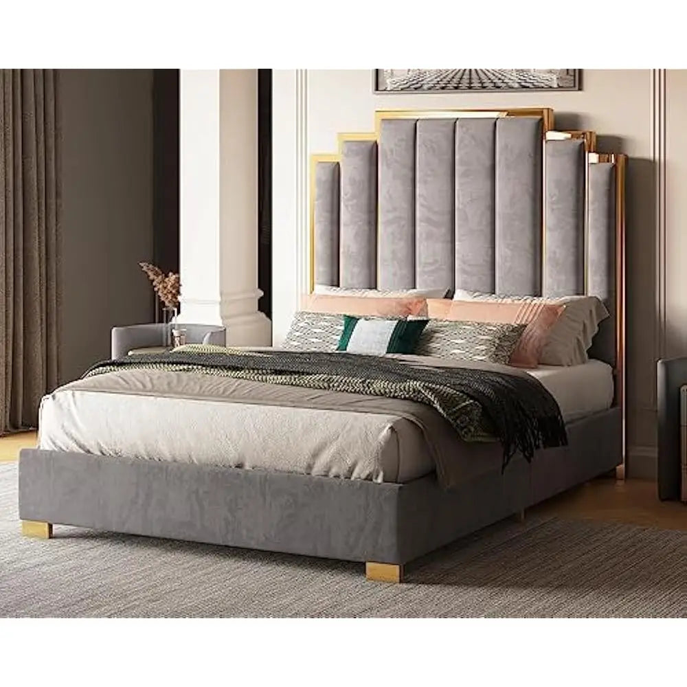Queen Size Platform Bed Frame, 61.4" Velvet Upholstered Bed with Gold Trim Headboard/Wooden Slats/No Box Spring Needed