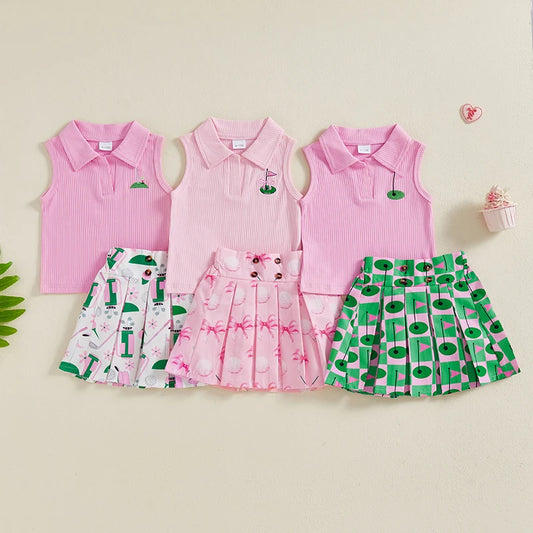 Kids Girl Outfit Lapel Sleeveless Tank Tops and Golf Print Pleated A-Line Skirt Set for Toddler Summer Clothes