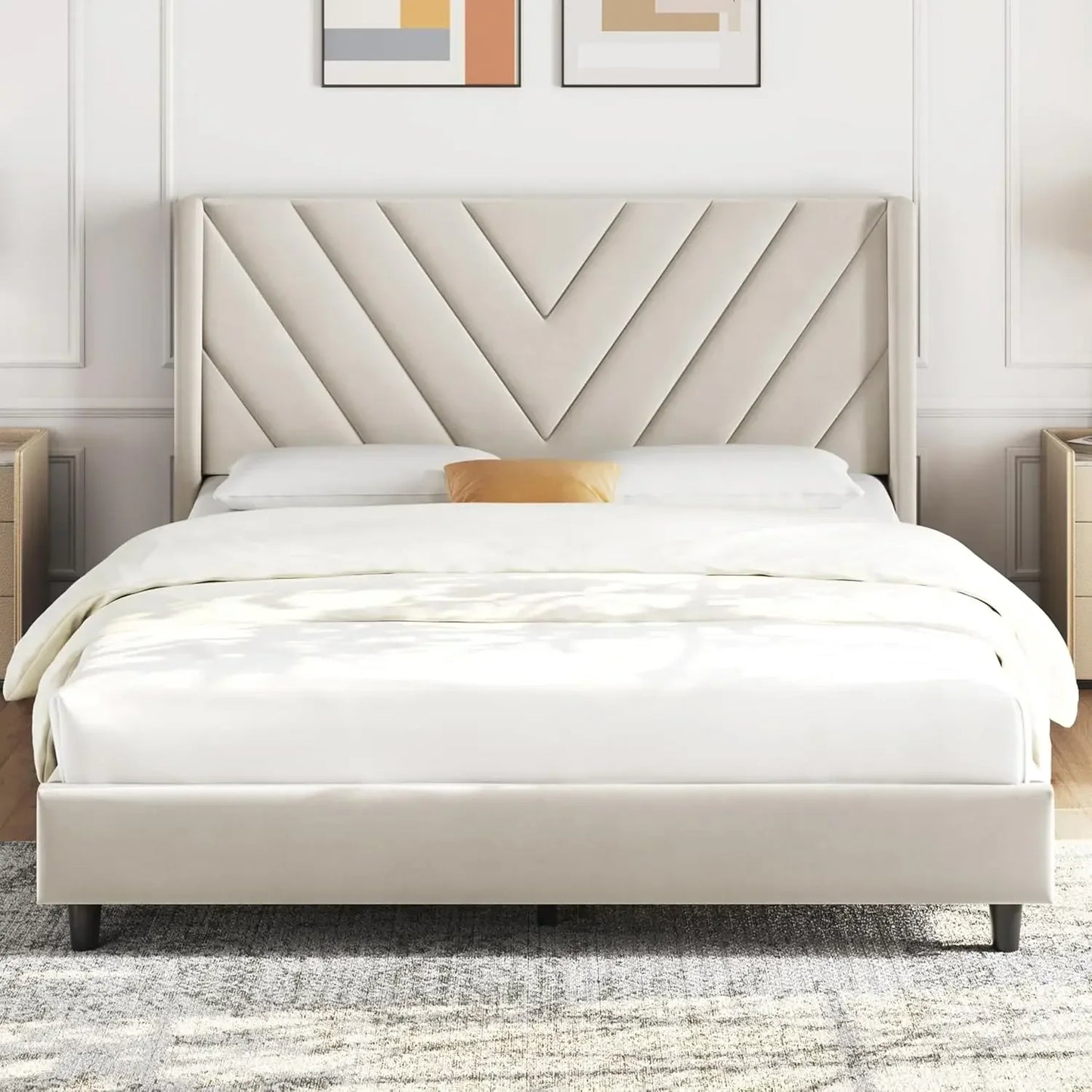 Bed Frame Upholstered Platform Bed with Wing Side/Wooden Slat Support/Tufted Headboard with Wing Side/Mattress Foundation