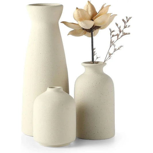 Beige ceramic vase set with a small vase decoration, modern bohemian farmhouse home décor