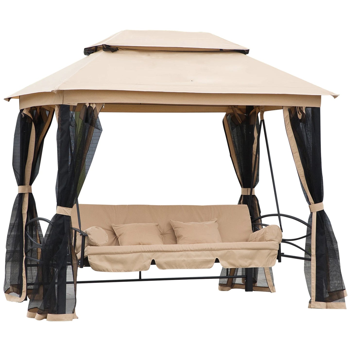 Outsunny 3 Seater Swing Chair 3-in-1 Convertible Garden Swing Seat Bed Gazebo Patio Bench Outdoor with Double Tier Canopy