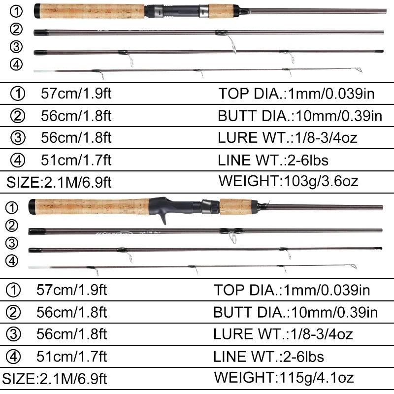 Sougayilang 2.1m Ultra Light Wooden Handle Spinning Rods Casting Fishing Pole Carbon Fibre Bass Trout Rods Cork Handle Pole