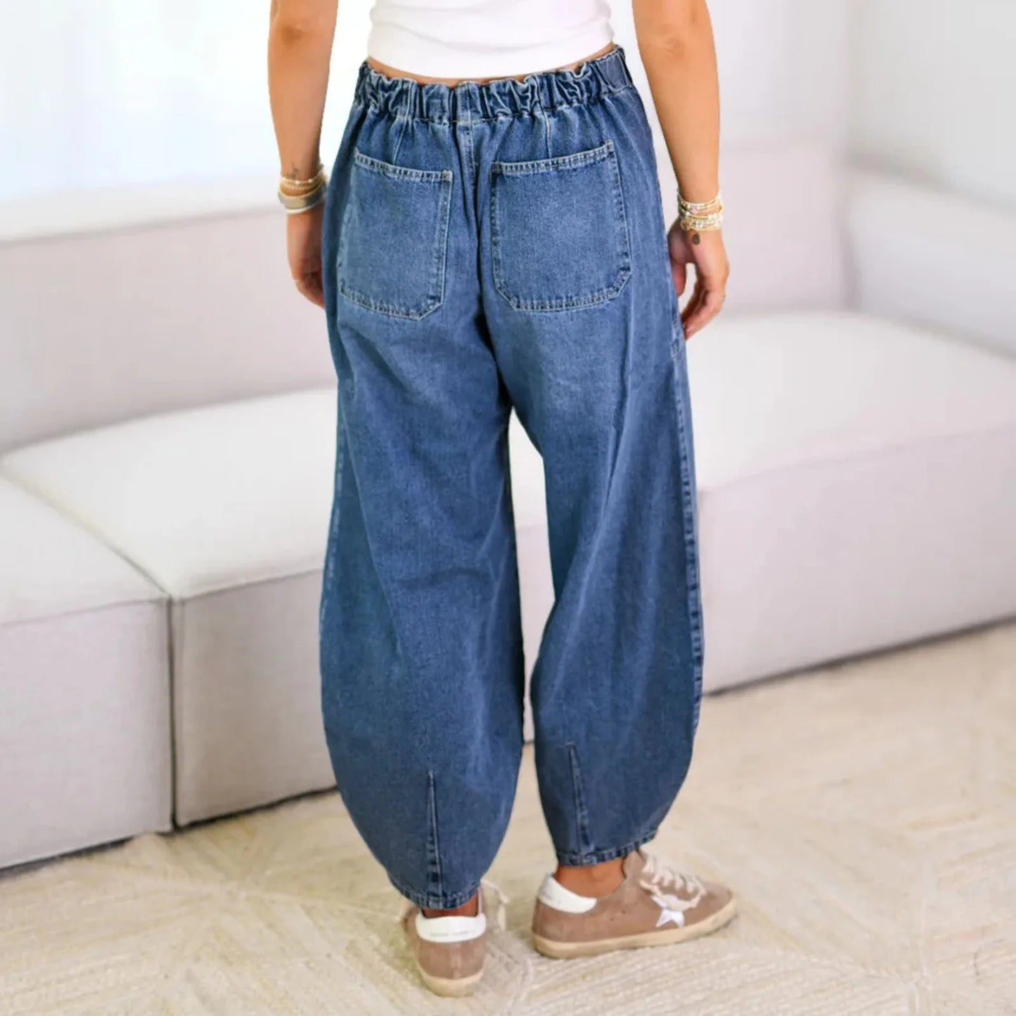 Low Waist American Retro Style Jeans Casual Loose Fit Double Pockets Cotton Jeans Ankle Length Pants Drawstring Jeans