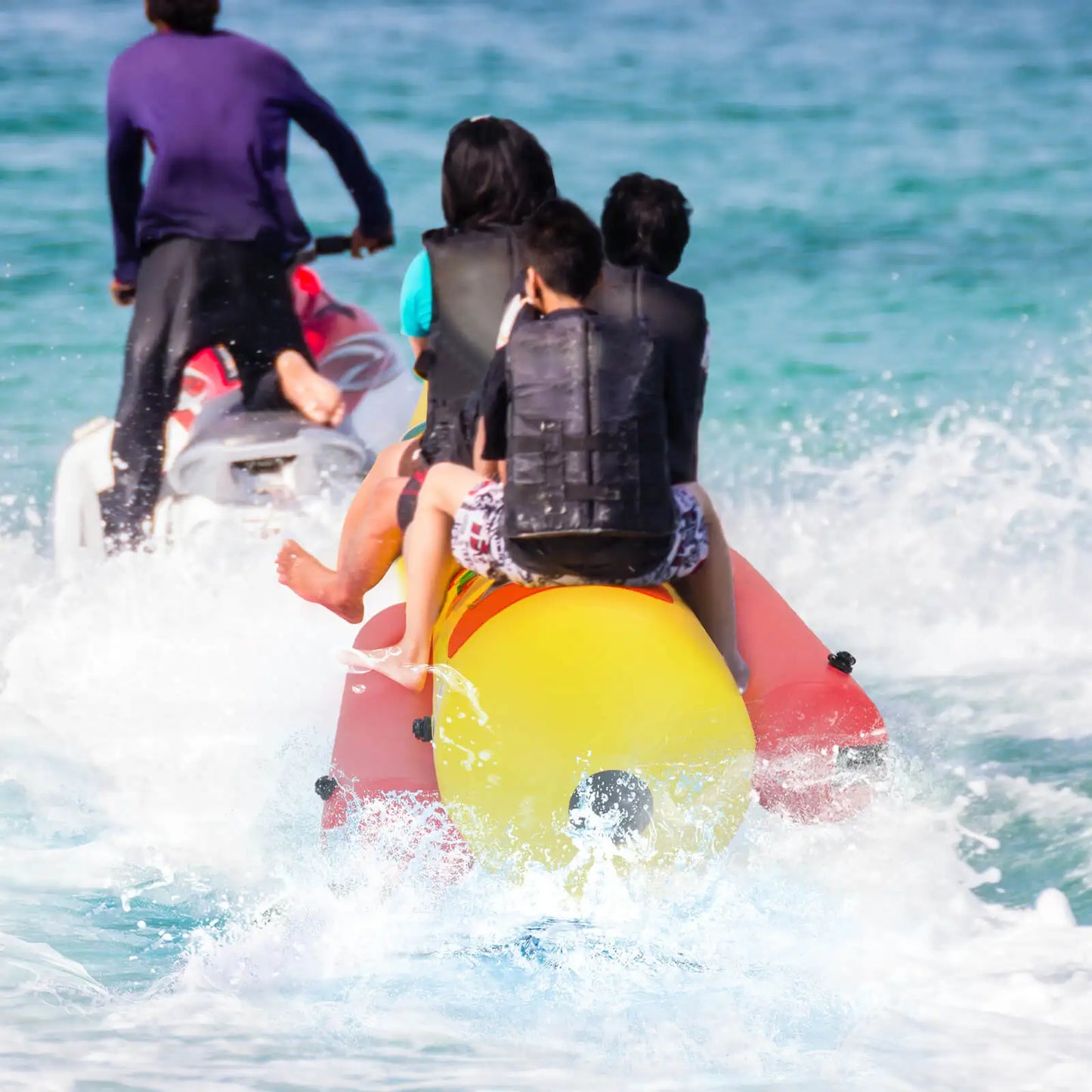 3-Person Inflatable Banana Boat w/ Boating and Water Sports Electric Air Pump