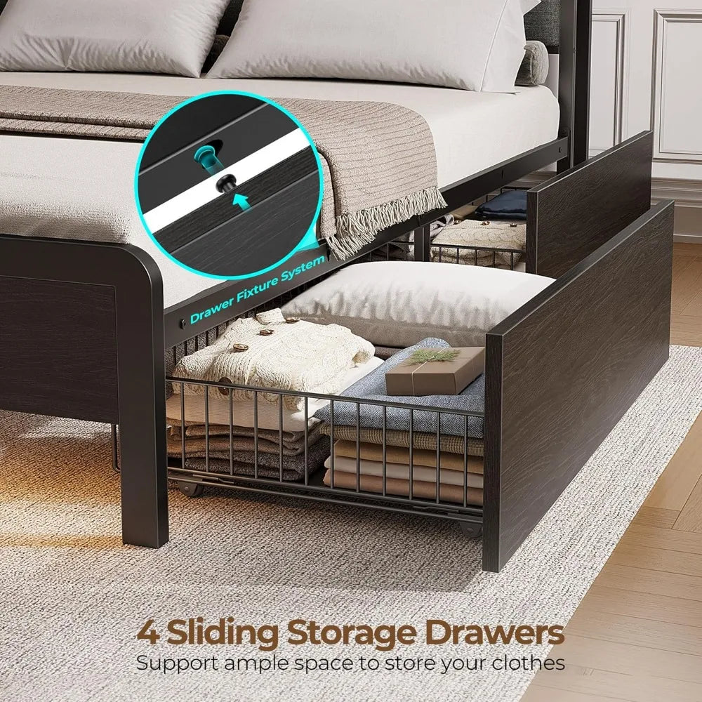 Bed Frame with Charging Station and LED Lights, Upholstered Storage Headboard with Drawers, Heavy Duty Metal Slats