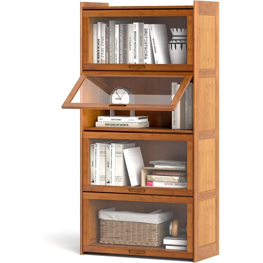 4-Tier Bookcase with Clear Doors, 55" Bamboo Bookshelf with Flip-up Acrylic Doors, Freestanding Cube Storage Organizer with She