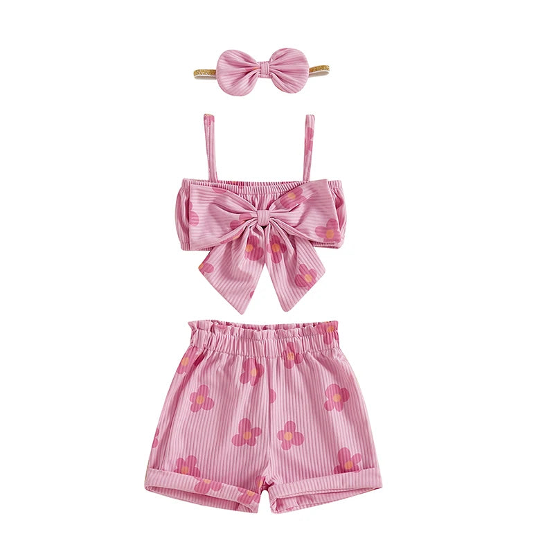 Toddler Girls 3 Piece Outfits Ruffle Sleeveless Top and Shorts Set with Headband Summer Clothes Floral Print Bow Camisole