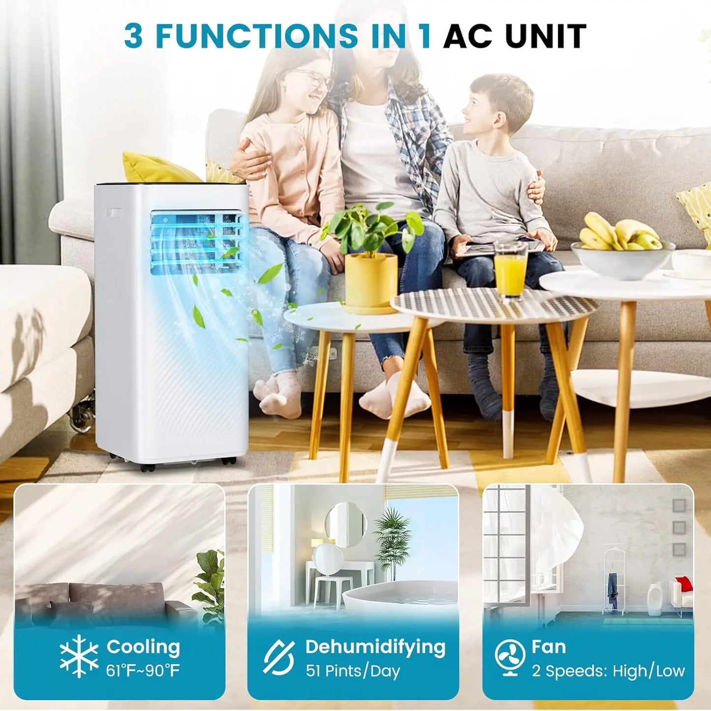 Portable Air Conditioner, 10000 BTU Powerful AC Unit with Remote Control and 4 Casters, 3-in-1 Air Cooler