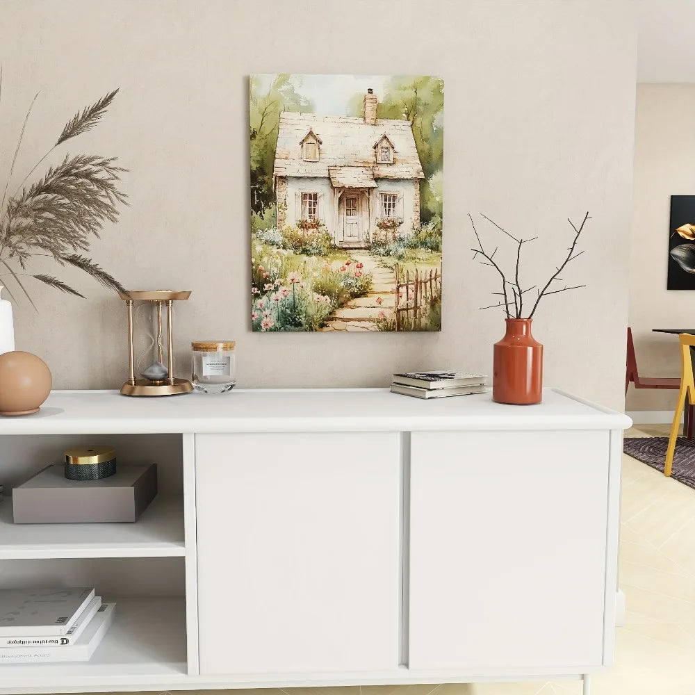 Stone house canvas prints, modern art Deco, floral embellished serene landscapes,1.5 inch thick wood frame