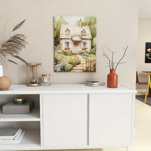 Stone house canvas prints, modern art Deco, floral embellished serene landscapes,1.5 inch thick wood frame