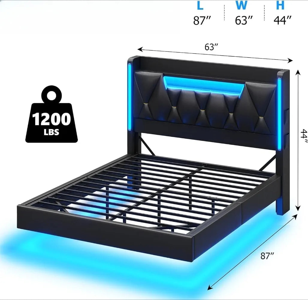 Charging Station Including 2 Sockets,Queen Size bed Frame with 2-Tier Storage Shelves,No Box Spring Needed,PU leather