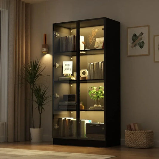 Display Cabinet with Glass Doors and Lights, 4-Tier Storage Shelves, Display Case Cabinet Black