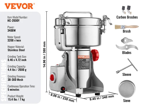 VEVOR 150-2500g Electric Grain Mill Grinder Commercial Swing Spice Grinders for Dry Herbs Grains Spices Cereals Coffee Corn