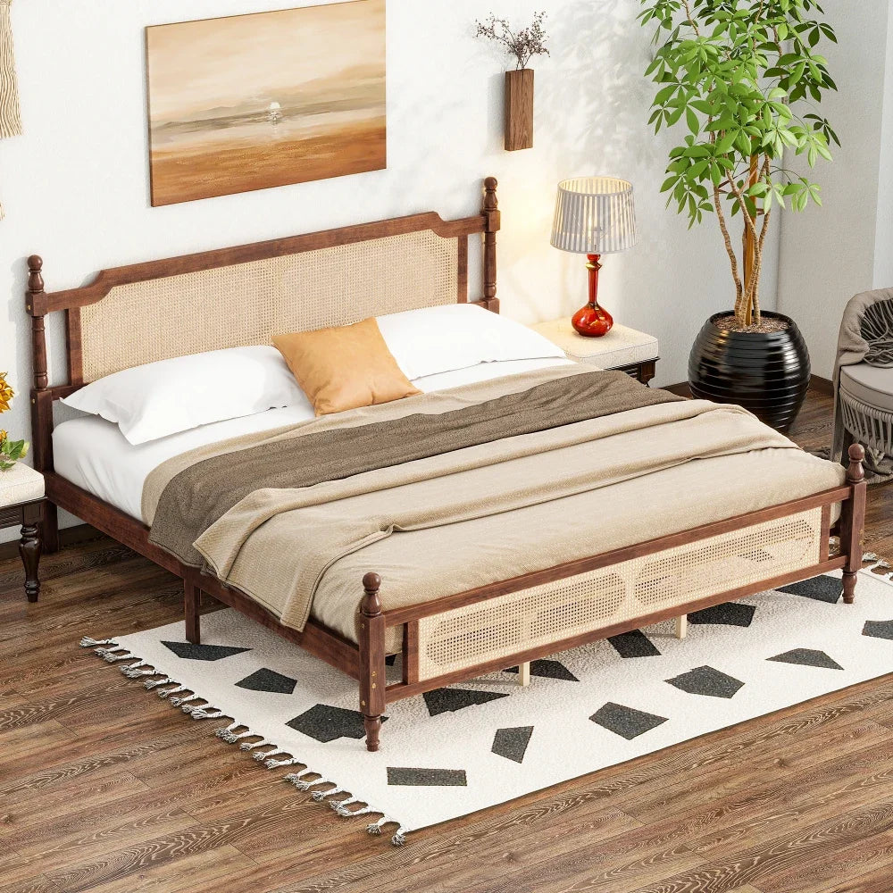 King Pine wooden Bed with Rattan Headboard  and Footboard, with  Central Enhanced Bed Platform,Walnut