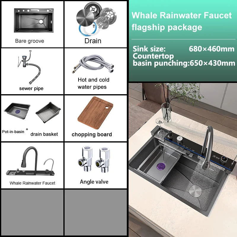 Stainless Steel Waterfall Kitchen Sink Extra Large Single Slot Digital Display Faucet Set Cup Washer Wash Basin 100*50cm