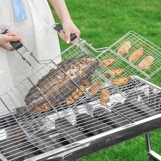 Portable Stainless Steel Grill Rack Outdoor Barbecue Fish Grilling Basket Wooden Handle Bbq Tool Camping Picnic Kitchen