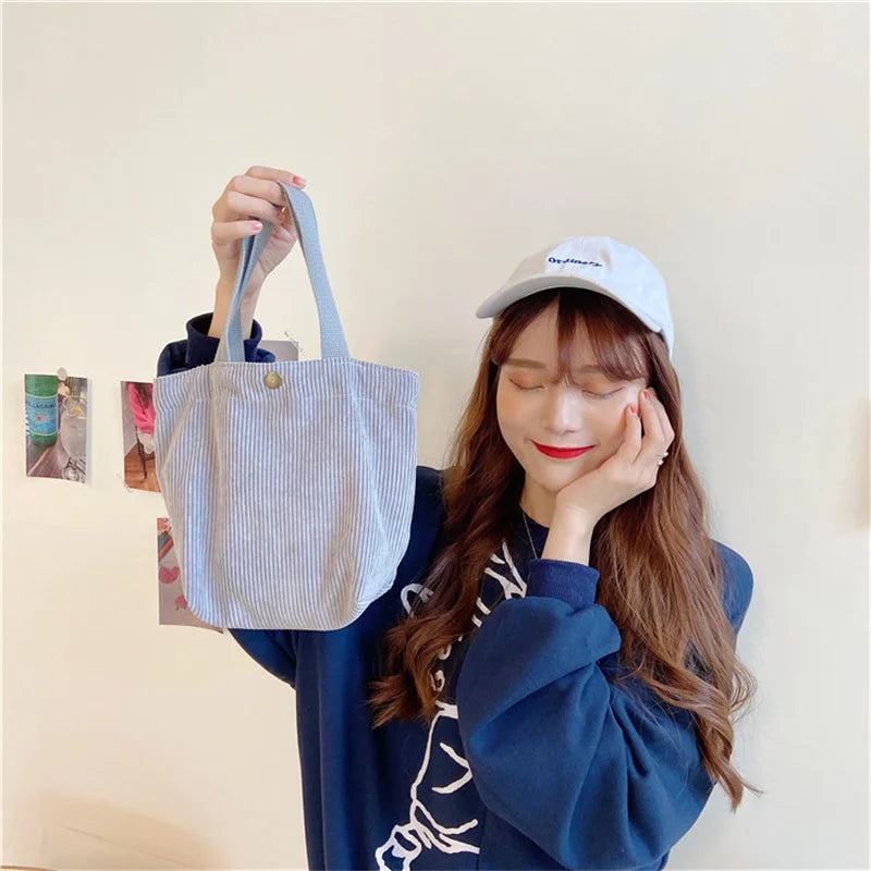 Cute Corduroy Shopper Tote Bag Woman Girls Lady Travel Shopping Cloth Handbags Lunch Bag Small Portable Hand Pouch Bag Organizer