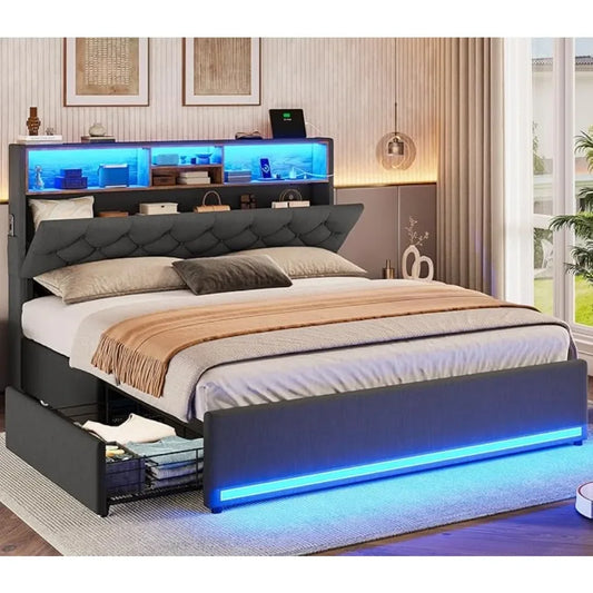 Bed, Queen Bed Frames with Headboard & 4 Drawers, LED Bed Frame Twin with Charging Station, Upholstered and Metal Queen Bed