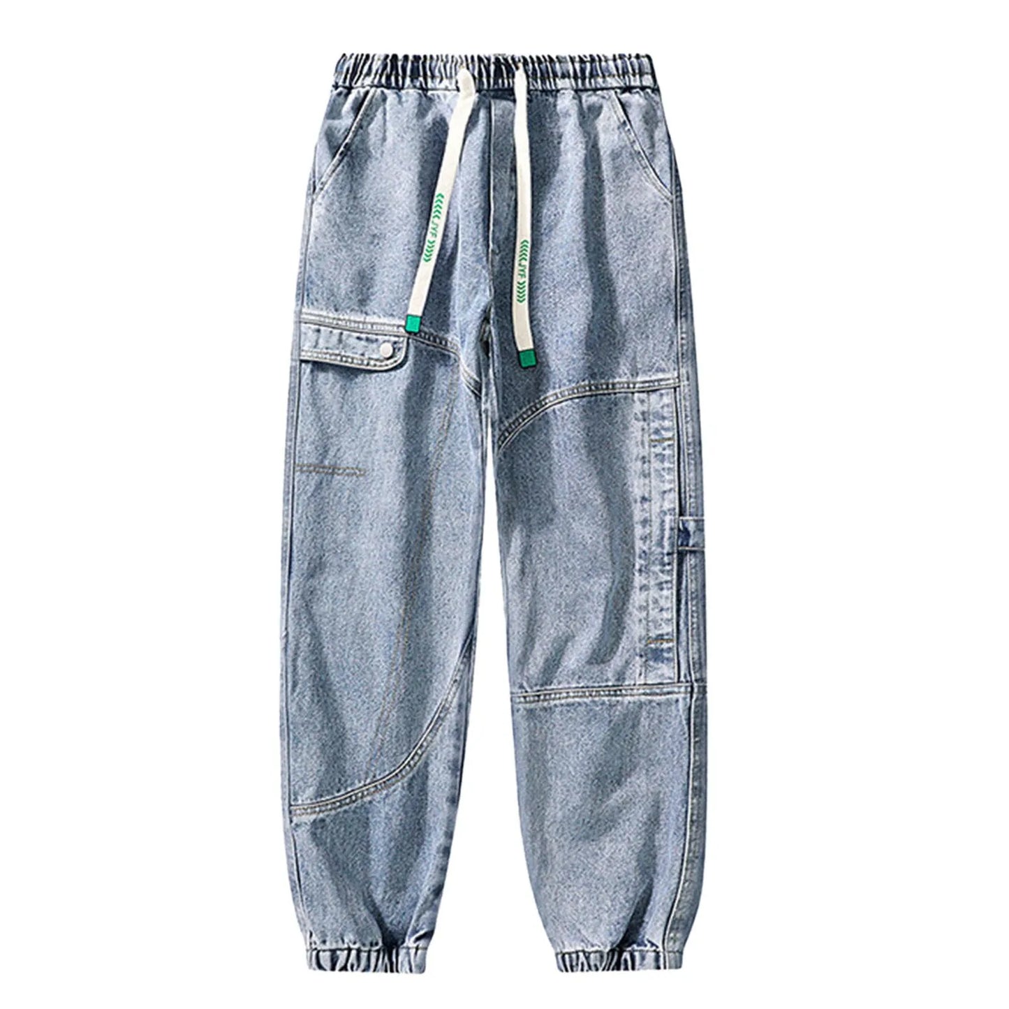 2025 Men's Cargo Jogger Jeans Hip Hop Streetwear Multiple Pockets Stretched Cotton Lace Up Casual Denim Pants Baggy Trousers
